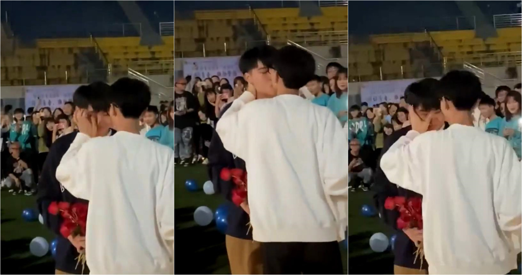 某大学操场,两男生表白现场的!